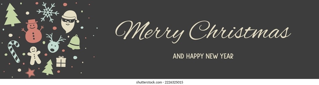 Panoramic header with Christmas wishes and ornaments. Vector
