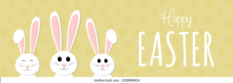 Panoramic header with Easter bunnies and greetings. Vector.