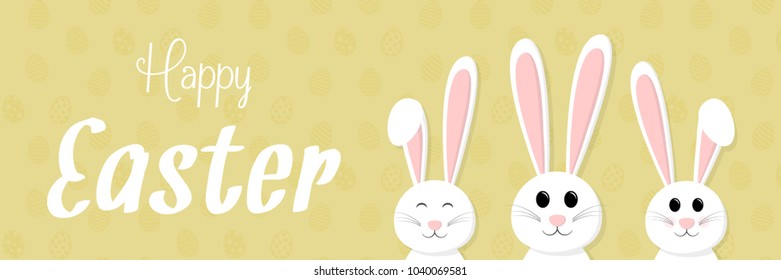 Panoramic header with Easter bunnies and greetings. Vector.