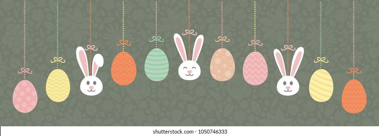 Panoramic header with hand drawn bunnies and eggs - Easter. Vector.