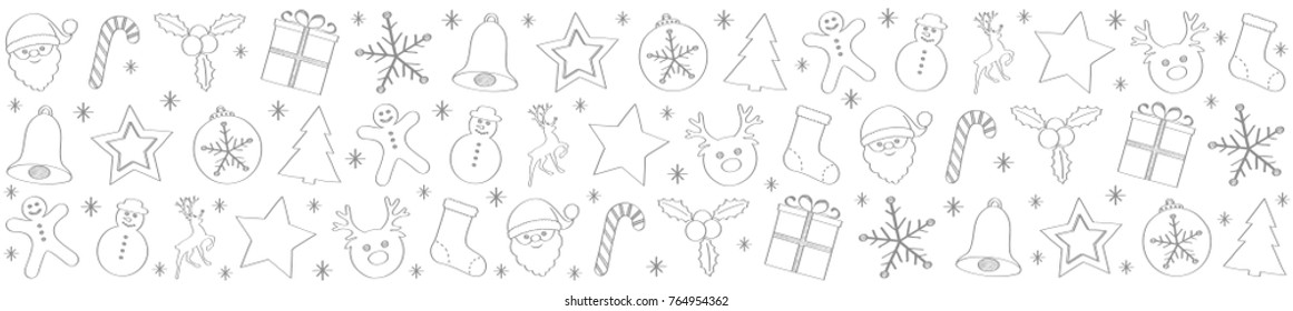 Panoramic header with hand drawn Christmas decorations. Vector.
