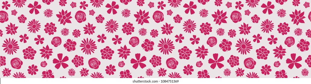 Panoramic header with hand drawn flowers. Mother's Day, Woman's Day and Valentine's Day. Vector.