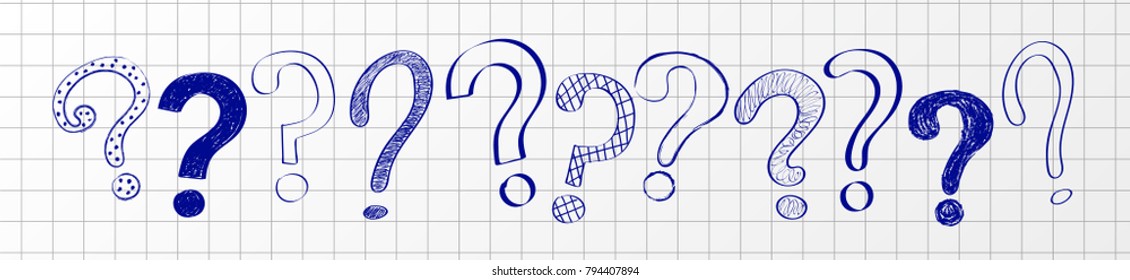 Panoramic header with hand drawn question marks on checked paper. Vector.	
