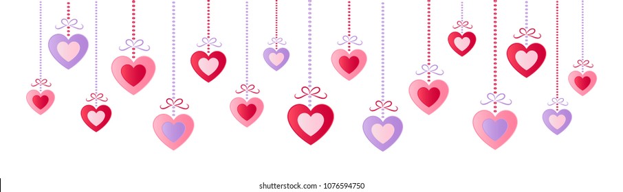 Panoramic header with hanging hearts isolated on white background. Valentine's Day, Mother's Day and Women's Day - decoration. Vector.