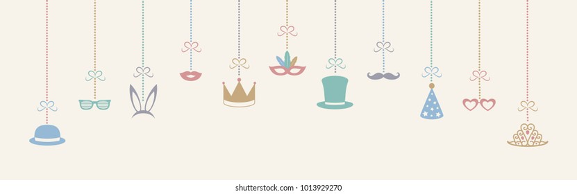 Panoramic header with hanging party elements and funny masks. Carnival, photo booth and birthday party. Vector.