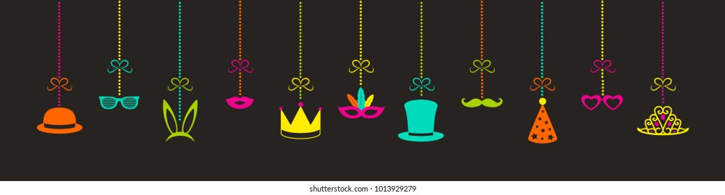 Panoramic header with hanging party elements and funny masks. Carnival, photo booth and birthday party. Vector.