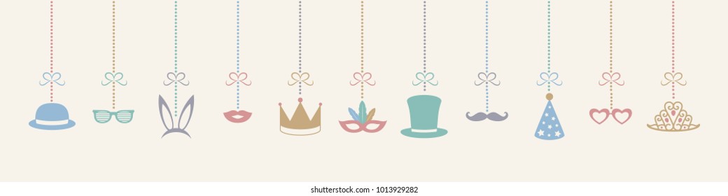 Panoramic header with hanging party elements and funny masks. Carnival, photo booth and birthday party. Vector.