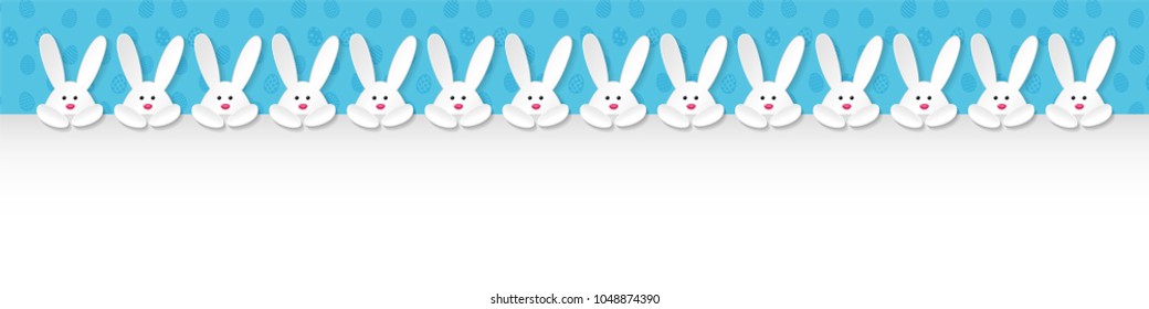 Panoramic header with white paper cut bunnies and copyspace - Easter design. Vector.