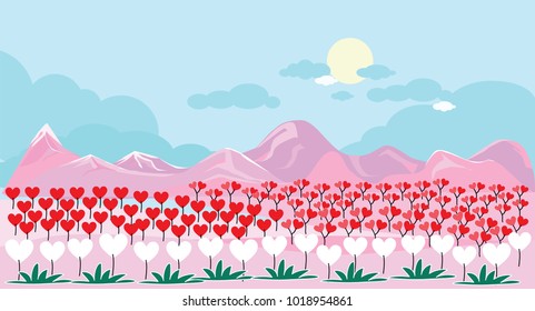 Panoramic of heart with blue sky background, Vector of Beautiful landscape of red, pink and white hear flowers, vector illustration for valentine concept