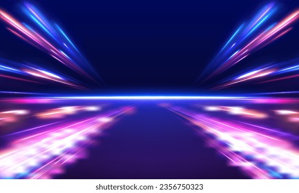 Concepto de tecnología panorámica de alta velocidad, fondo abstracto claro. Imagen de movimiento rápido en la carretera. Fondo abstracto en colores de neón azul y violeta.	