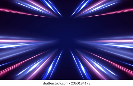 Panoramic high speed technology concept, light abstract background. Image of speed motion on the road. Abstract background in blue and purple neon glow colors. Concept of leading in business, Hi tech	