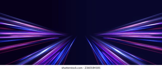 Panoramic high speed technology concept, light abstract background. Image of speed motion on the road. Abstract background in blue and purple neon glow colors. Concept of leading in business, Hi tech	