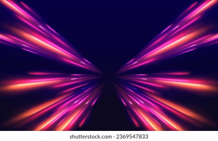 Concepto de tecnología panorámica de alta velocidad, fondo abstracto claro. Efecto de trazos de luz de alta velocidad. Giro violeta de onda brillante, líneas de cable de impulso.	