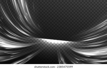 Concepto de tecnología de alta velocidad panorámica, líneas blancas sobre fondo abstracto negro. Velocidad vectorial de la luz en el espacio en el fondo oscuro.	