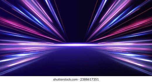 Panoramic high speed technology concept, light abstract background. Image of speed motion on the road. Cyberpunk light trails in motion or light, light motion trails.