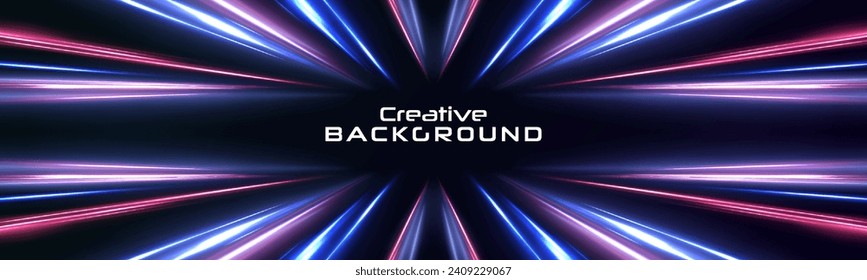 Panoramic high speed technology concept, light abstract background. High-speed light trails effect. Purple glowing wave swirl, impulse cable lines.	