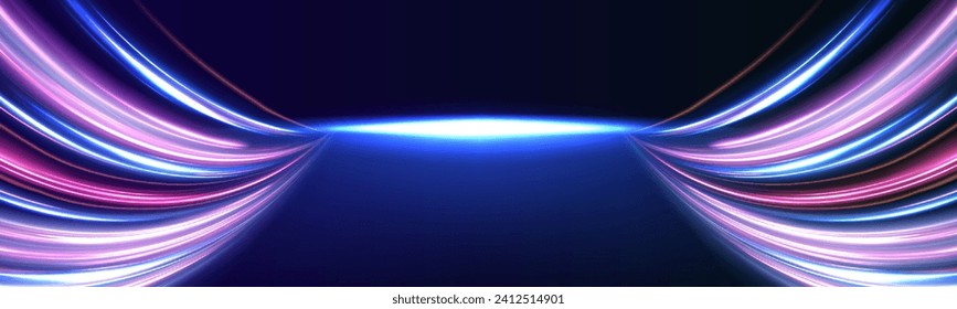 Panoramic high speed technology concept, light abstract background. High-speed light trails effect. Purple glowing wave swirl, impulse cable lines.	