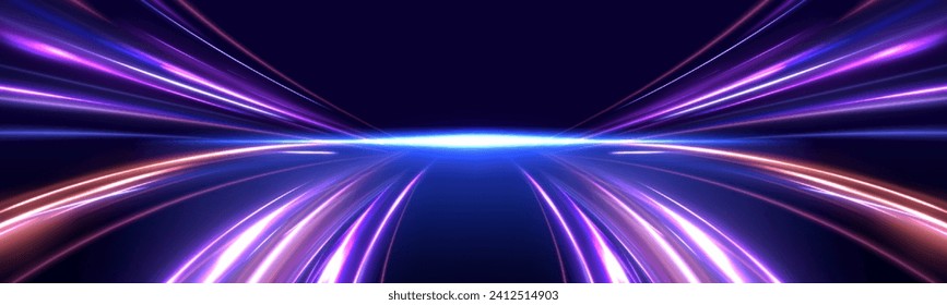 Concepto de tecnología panorámica de alta velocidad, fondo abstracto claro. Efecto de trazos de luz de alta velocidad. Giro violeta de onda brillante, líneas de cable de impulso.	