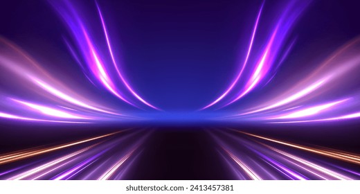 Panoramic high speed technology concept, light abstract background. High-speed light trails effect. Purple glowing wave swirl, impulse cable lines.	