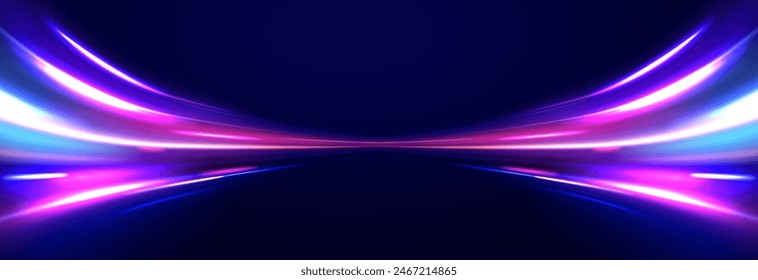 Panoramic high speed technology concept, light abstract background. Curved light trail stretched upward. Fast speed car.