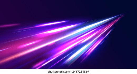 Panoramic high speed technology concept, light abstract background. Curved light trail stretched upward. Fast speed car.