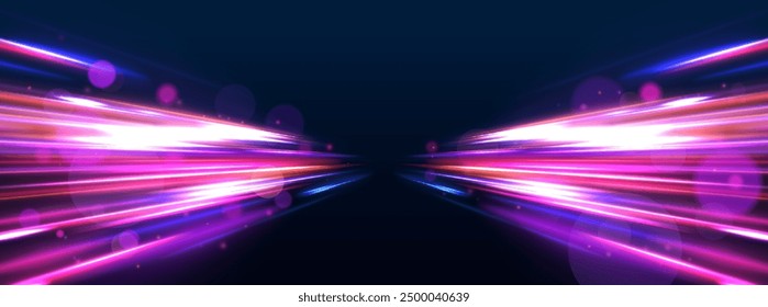 Concepto de tecnología de alta velocidad panorámica, fondo abstracto ligero. Efecto de rastros de luz de alta velocidad. Remolino de onda brillante púrpura, líneas de cable de impulso.	