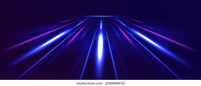 Panoramic high speed technology concept, light abstract background. Vector dark blue abstract background with ultraviolet neon glow, blurry light lines, waves.	
