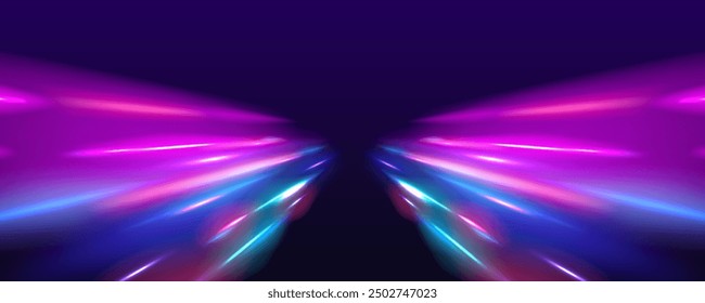 Panoramic high speed technology concept, light abstract background. High-speed light trails effect. Purple glowing wave swirl, impulse cable lines.	