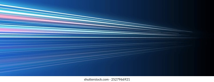 Panoramic high speed technology concept. Light motion effects featuring abstract background. Depicting speed on road. Cyberpunk style light trails, showcasing dynamic motion. Futuristic light streaks