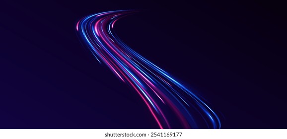 Conceito de tecnologia panorâmica de alta velocidade, fundo abstrato de luz. Espiral de onda brilhante roxa, linhas de cabo de impulso. Aceleração de movimento em estrada noturna. Fundo brilhante brilhante.	
