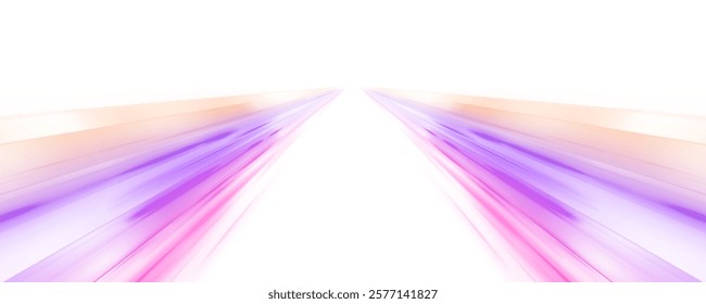 Panoramic high speed technology concept, neon lines on white transparent background in PNG format. Purple speeds on the expressway. Sport car is made of polygons, lines and connected dots.	