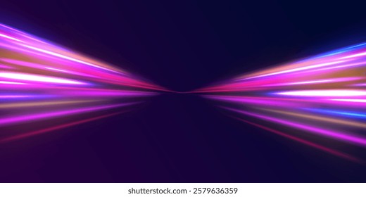 Panoramic high speed technology concept, light abstract background. Abstract neon background with shining wires.	