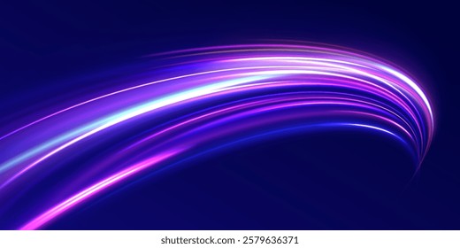Panoramic high speed technology concept, light abstract background. Abstract neon background with shining wires.	