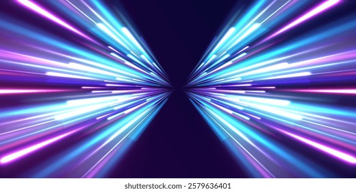 Panoramic high speed technology concept, light abstract background. Abstract neon background with shining wires.	