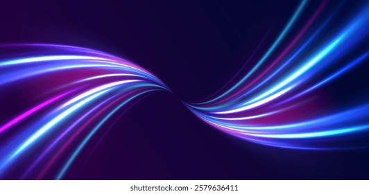 Panoramic high speed technology concept, light abstract background. Abstract neon background with shining wires.	
