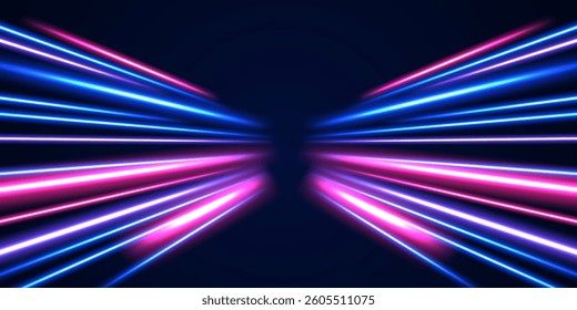 Panoramic high speed technology concept, light abstract background. Abstract neon background with shining wires.