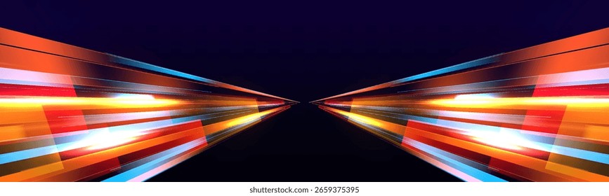 Panoramic high speed technology concept, light abstract background. Image of speed motion on the road. Abstract background in blue and purple neon glow colors.	