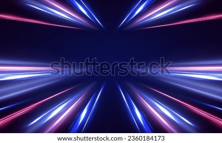 Panoramic high speed technology concept, light abstract background. Image of speed motion on the road. Abstract background in blue and purple neon glow colors. Concept of leading in business, Hi tech	