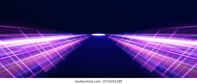 Panoramic high-speed technology concept with abstract light trails and glowing neon colors in blue, yellow, and orange, representing the rapid motion and energy in a futuristic environment.	
