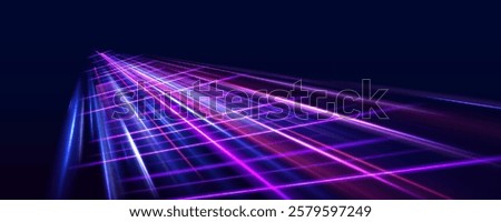 Panoramic high-speed technology concept with abstract light trails and glowing neon colors in blue, yellow, and orange, representing the rapid motion and energy in a futuristic environment.	
