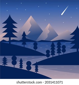 Panoramic hill and lake. Vector Illustration.