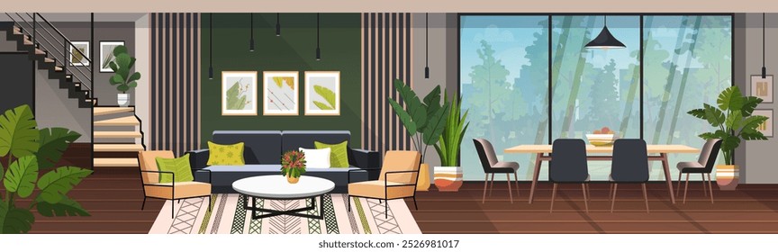 Interior panorâmico da casa com sala de estar e sala de jantar. O interior de um apartamento moderno com escadas, sofá, janela, mesa de café, poltronas, plantas, mesa de jantar e cadeiras. Não gerada por IA