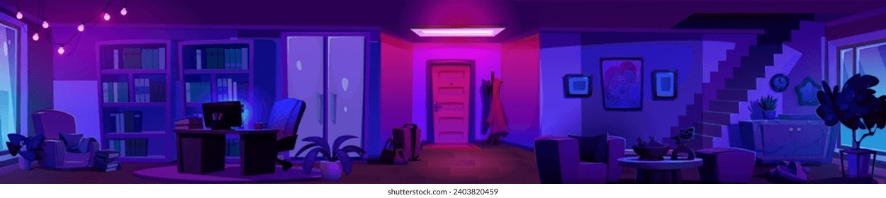 Panoramic home interior at night. Horizontal house or apartment indoor with entrance door and stairs, home office workplace with computer on desk and cabinet, and lounge area with armchair and table.