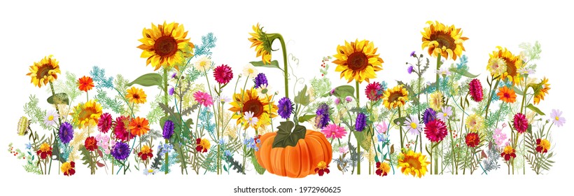 Panoramic horizontal autumn's border: pumpkin, sunflowers, aster, thistles, gerbera, marigold, daisy flowers, green twigs on white background. Digital draw, illustration in watercolor style, vector