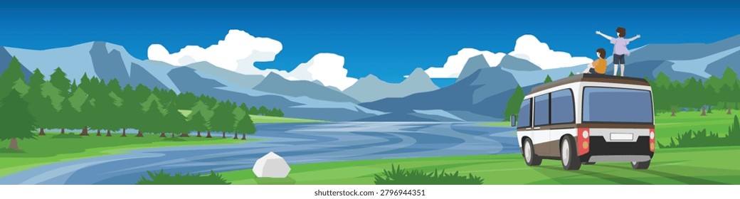 Panoramic horizontal banner displaying a camping van parked next to a winding river. Two people enjoy the mountain landscape view from the roof under a bright blue cloudy sky. With pine forest