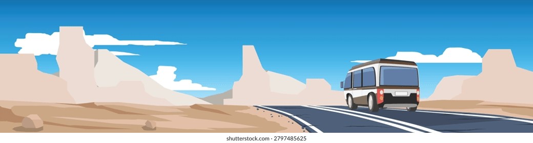 Panoramic horizontal for banner displaying a camping van driving along an asphalt road through a canyon desert. The scene features rocky formations under a clear blue sky.