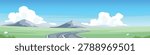 Panoramic horizontal banner displaying a winding asphalt road cutting through flat green fields. Distant grey mountains sit under a bright blue sky filled with white clouds.