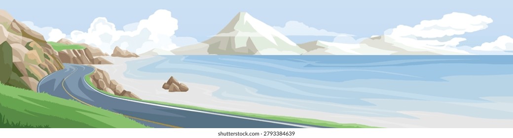 Panoramic horizontal banner displaying a winding coastal road running beside a calm blue ocean bay. White sandy beaches rocky cliffs and distant mountains complete the bright scene.