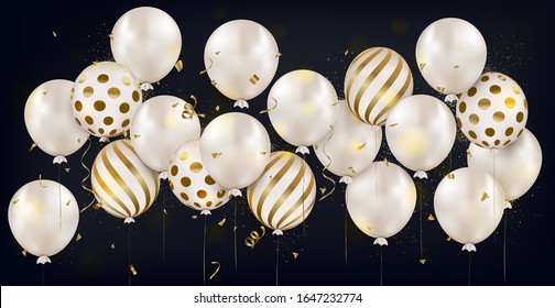 Panoramic horizontal banner with white air balloons,gold confetti on black background. Happy Birthday greeting card. Anniversary. Concept for web banner, social networks, promotional sales.Vector.