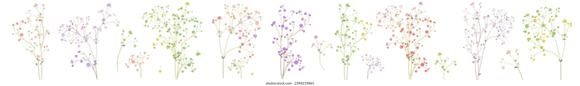 Panoramic horizontal pattern with delicate twigs of gypsophile. Pink, white, blue, green tiny little flowers, small leaves. Branches for bouquets. Botanical illustration in watercolor style, vector